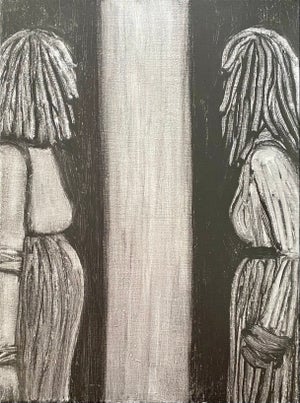 Painting of someone looking in the mirror